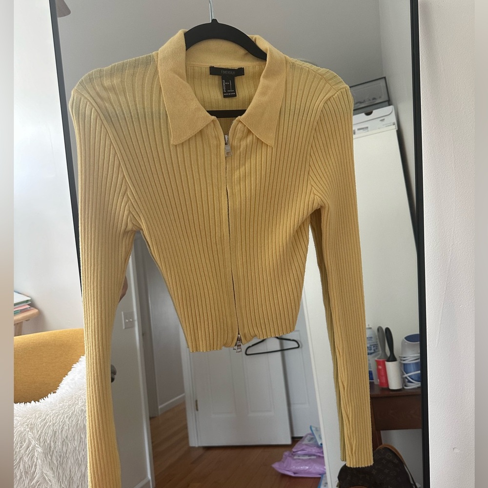 Forever 21 Yellow Collared Sweater Zip Up Top - Size: L - Perfect for spring!!!